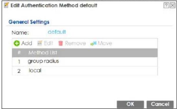 Edit Authentication Method default General Settings Name: default Add Edit Remove Move Method List 1 group radius 2 local OK Cancel