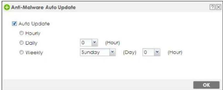 Anti-Malware Auto Update ✓ Auto Update ○ Hourly ○ Daily ○ Weekly 0 (Hour) Sunday (Day) 0 (Hour) OK
