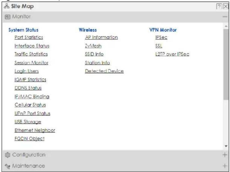 Site Map Monitor System Status Port Statistics Interface Status Traffic Statistics Session Monitor Login Users IGMP Statistics DDNS Status IP/MAC Binding Cellular Status UPnP Port Status USB Storage Ethernet Neighbor FQDN Object Wireless AP Information ZyMesh SSID Info Station Info Detected Device VPN Monitor IPSec SSL L2TP over IPSec Configuration Maintenance