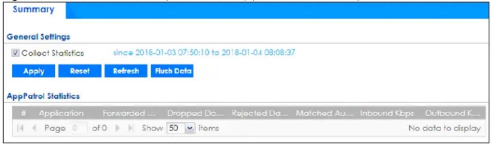 Summary General Settings ✓ Collect Statistics since 2018-01-03 07:50:10 to 2018-01-04 08:08:37 Apply Reset Refresh Flush Data AppPatrol Statistics Application Forwarded ... Dropped Da... Rejected Da... Matched Au... Inbound Kbps Outbound K... Page 0 of 0 Show 50 items No data to display