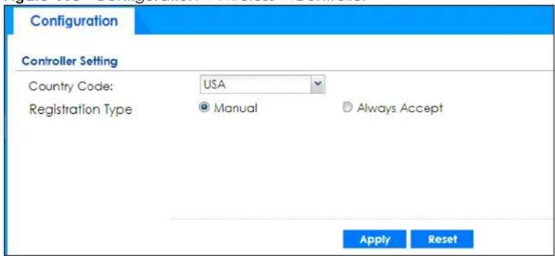 Configuration Controller Setting Country Code: USA Registration Type Manual Always Accept Apply Reset