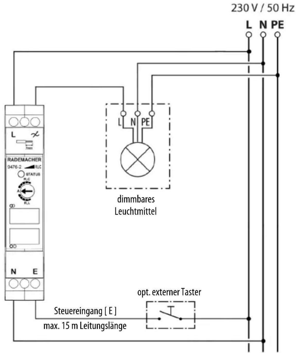 230 V / 50 Hz L N PE rademacher 9476-2 RLC STATUS A R,L dimmbares Leuchtmittel N E opt. externer Taster Steuereingang [E] max. 15 m Leitungslänge