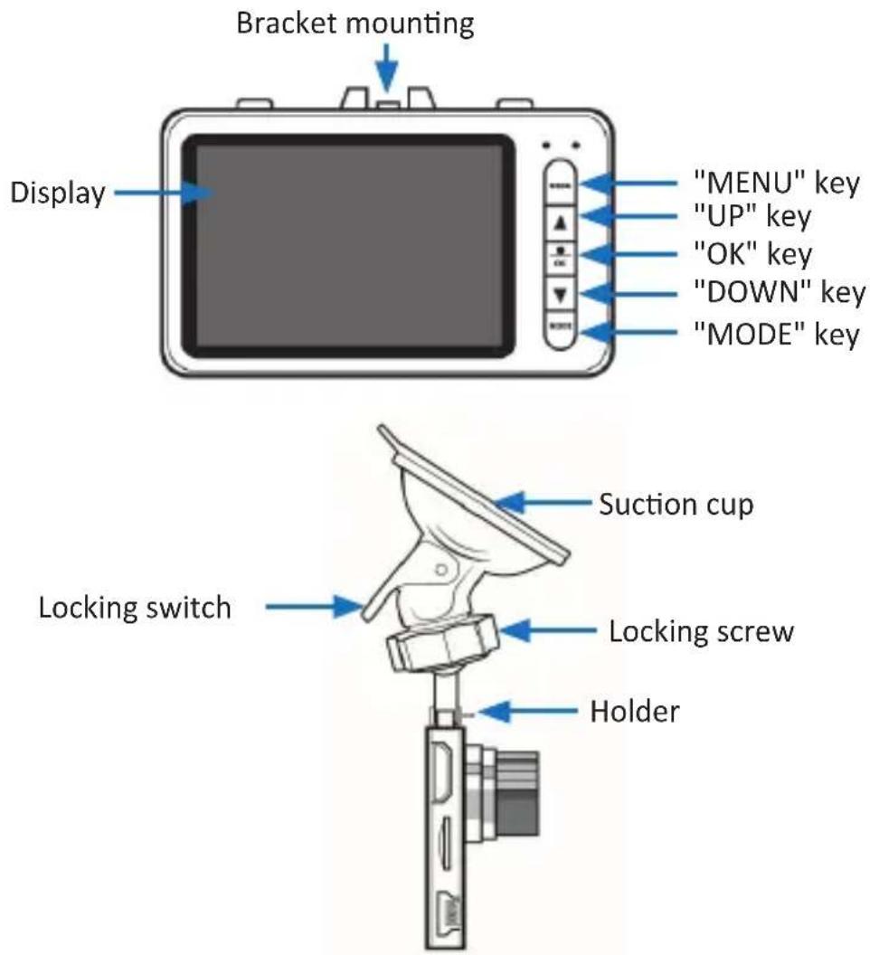Bracket mounting Display "MENU" key "UP" key "OK" key "DOWN" key "MODE" key Locking switch Suction cup Locking screw Holder