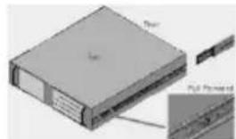 3D rendering of a server or chassis with labeled components (no readable text or symbols)