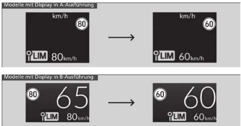 Modelle mit Display in A-Ausführung km/h 80 LIM 80km/h → km/h 60 LIM 60km/h Modelle mit Display in B-Ausführung 80 65 LIM 80km/h → 60 60 LIM 60km/h