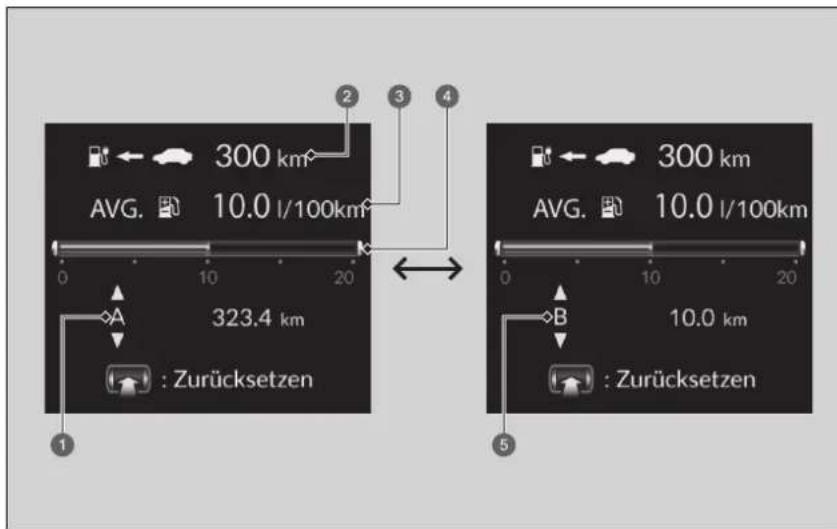 300 km AVG. 10.0 l/100km 323.4 km : Zurücksetzen 300 km AVG. 10.0 l/100km 10.0 km : Zurücksetzen