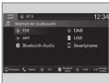 Audio 87.5 12:34 Wechsel der Audioquelle FM DAB AM USB Bluetooth Audio Smartphone Navigation Telephone Email Bluetooth Audio Email Average meter