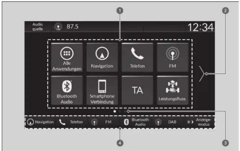 Audio quelle 87.5 12:34 Alle Anwendungen Navigation Telefon FM Bluetooth Audio Smartphone Verbindung TA Leistungsfluss Navigation Telefon FM Bluetooth Audio DAB Anzeige- modus