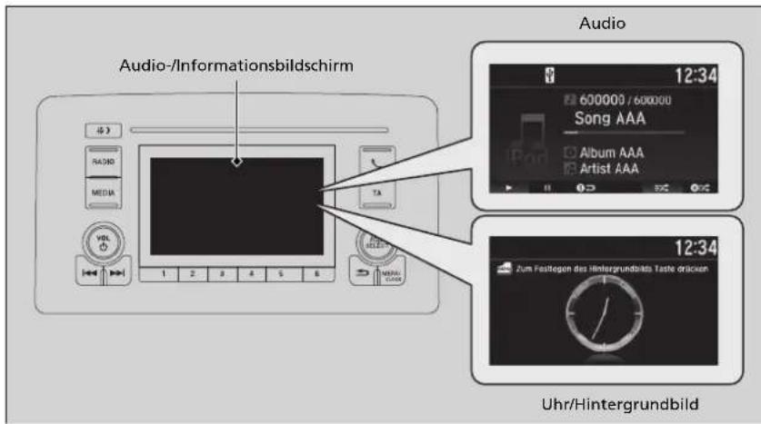 Audio-/Informationsbildschirm Audio 12:34 600000 / 600000 Song AAA Album AAA Artist AAA 12:34 Zum Festlagen des Hintergrundblats Taste drücken Uhr/Hintergrundbild