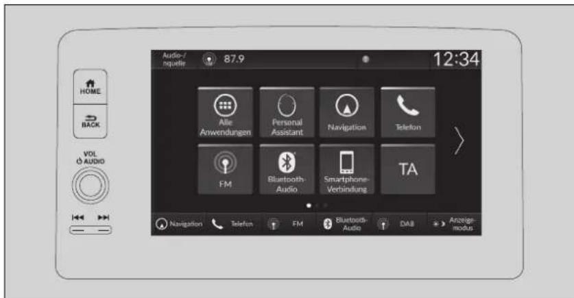 Audio-/nquelle 87.9 12:34 HOME BACK VOL O AUDIO - Navigation Telefon FM Personal Assistant Navigation Telefon Allie Anwendungen Bluetooth Audio Smartphone-Verbindung TA Bluetooth Audio DAB Anzeige-modus