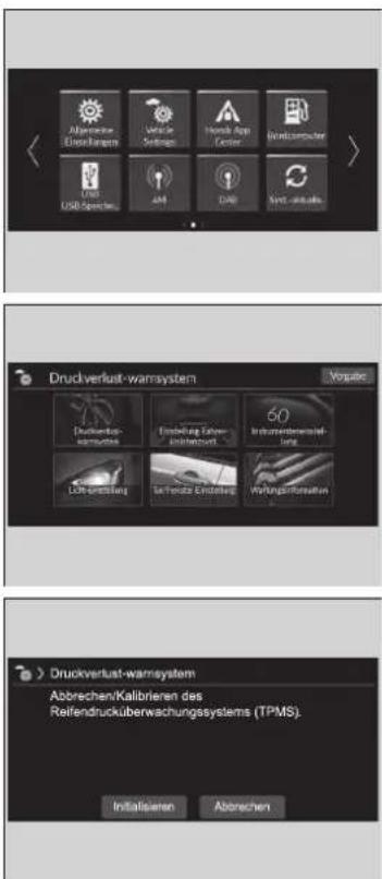 Abrechen/Verleihungen Vehicle Settings Hand App Center Unrealcomputer USB USB Specimen ASM DAS Syst. insidus Druckverlust-warmsystem Vorgabe Druckverlust- warmsystem Einstellung Tahn- Inflahoburt 60 Instrumentersat- lungs- Durchsatzung Technische Erstelling Wirkungs-Information Druckverlust-warmsystem Abbrechen/Kallbrieren des Reifendrucküberwachungssystems (TPMS). Initialisen Abbrechen