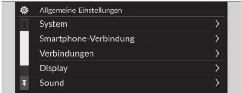 Allgemeine Einstellungen System > Smartphone-Verbindung > Verbindungen > Display > Sound >