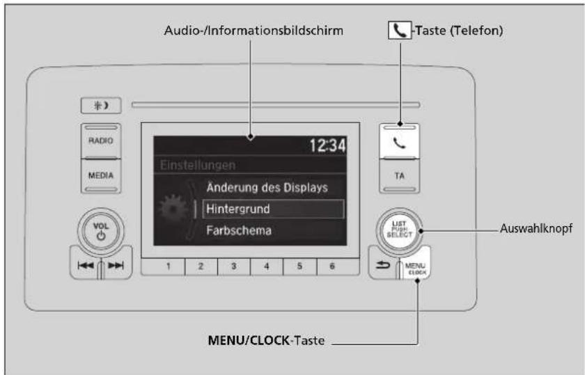 Audio-/Informationsbildschirm Taste (Telefon) 12:34 Einstellungen Änderung des Displays Hintergrund Farbschema TA LIST FOR SELECT MENU CLOCK Auswahlknopf MENU/CLOCK-Taste