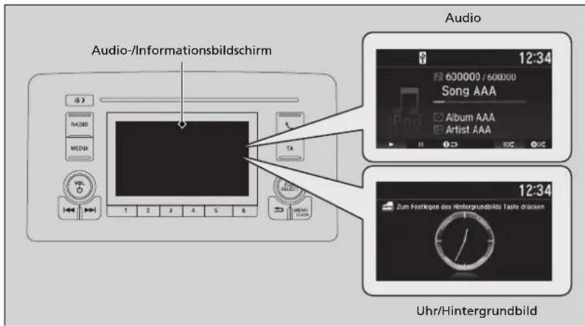 Audio-/Informationsbildschirm Audio 12:34 600000 / 600000 Song AAA Album AAA Artist AAA 12:34 Zum Postkogen des Hintergrundblats Taste drücken Uhr/Hintergrundbild