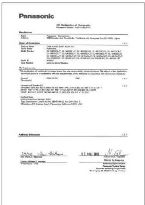 Panasonic EU Declaration of Conternity Document Number: PNA-150012-05 Manufacturer: Name Address Project Name Project Name Title Name Model Number Model ID Type Number Date of Declaration (4) Project Name Project Name Title Name Model Number Model ID Type Number Date of Declaration (4) The declaration of conformity is issued under the sole responsibility of manufacture. The object of the declaration described herein is to conformity with the requirements of the following EU regulation and hierarchical standards: General Description: Harmonized Standard(s): E380069 2014 E380069 2014 2014 2014 2014 2014 2014 2014 2014 2014 2014 2014 2014 2014 2014 2014 2014 2014 2014 2014 2014 2016 E380069 2014 E380069 2014 2014 2014 2014 2014 2014 2014 2014 2014 2014 2014 2014 2014 2014 2014 2014 E380069 2014 E380069 2014 2014 2014 2014 2014 2014 2014 2014 2014 2014 2014 2014 2014 2014 E380069 2014 E380069 2014 2015 2015 2015 2015 2015 2015 2015 2015 2015 2015 2015 E380069 2014 E380069 2014 2015 2015 2015 2015 2015 2015 2015 2015 E380069 2014 E380069 2014 2015 2015 2015 2015 2015 2015 2016 E380069 2014 E380069 2014 2015 2015 2015 2015 2015 2015 2015 E380069 2014 E380069 2014 2015 2015 2015 2015 2015 2015 E380069 2014 E380069 2014 2015 2015 2015 2015 2015 E380069 2014 E380069 2014 2015 2015 2015 2015 E380069 2014 E380069 2014 2015 2015 2015 E380069 2014 E380069 2014 2015 2015 E380069 2014 E380069 E380069 Additional Information (3) Date of Issue / Signature Language Address / Manager: Pakdar Name / Title D.7. Mai 2019 Date of Issue / Signature Mileta Erdmanns Technical/Designator Passivate Trading Center Passivate Marketing Group GmbH Marketing Unit (S) (S) (S) (S) (S)