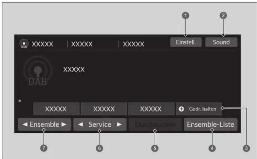 XXXXXX | XXXXX | XXXXX Einstell. Sound XXXXX XXXXX XXXXX + Gedr. halten Ensemble ▶ Service ▶ Durchsuchen Ensemble-Liste 7 6 5 4 3