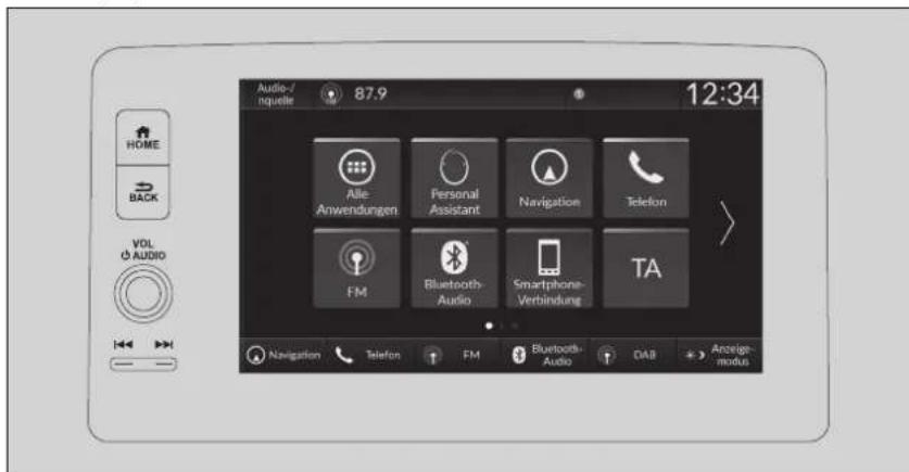 Audio-/nquelle 87.9 12:34 HOME BACK VOL O AUDIO Navigation Telefon FM Personal Assistant Navigation Telephone Bluetooth Audio Smartphone-Verbindung TA Anzeige-modus