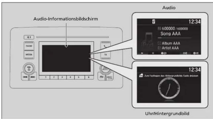 Audio-Informationsbildschirm Audio 12:34 600000 / 600000 Song AAA Album AAA Artist AAA 12:34 Zum Fachlagen des Hintergrundbilds Taste drücken Uhr/Hintergrundbild