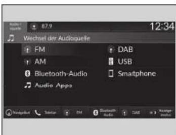 Wechsel der Audioquelle FM DAB AM USB Bluetooth-Audio Smartphone Audio Apps