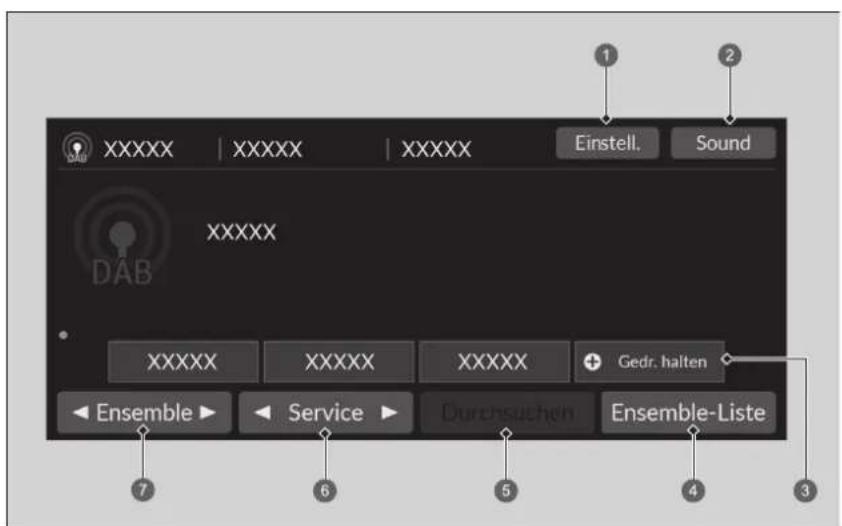 XXXXXX | XXXXXX | XXXXXX Einstell. Sound XXXXX XXXXX XXXXX Gedr. halten Ensemble ▶ Service ▶ Durchsuchen Ensemble-Liste