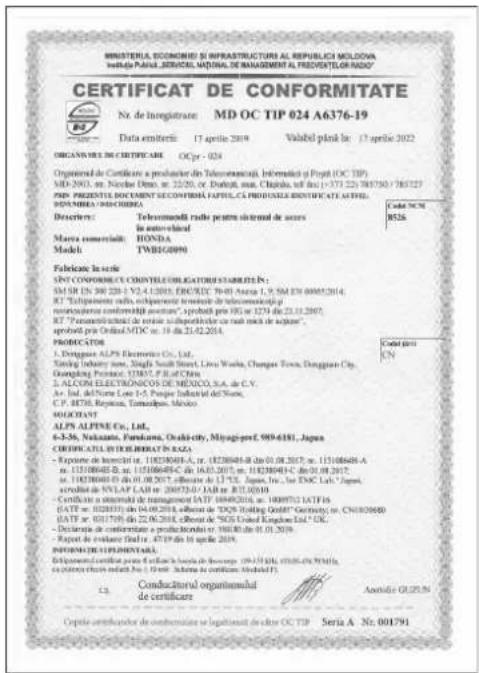 MINISTERIA, ECONOMED BY INFRASTRUCTURE AL REPUBLICI SOLOVANA Instituto PABLA, SERVICIAL, NATIONAL DE MANAGEMENT AL PREVENTEUR RADIO? CERTIFICAT DE CONFORMITATE Nr. de Inregistrare: MD OC TIP 024 A6376-19 Data emitire: 17 aprile 2019 Valabel plank in: 17 aprile 2022 ORGANUAL DE CERTIFICATE OCpr - 024 Organismal de Certificare a produzione del Telecomunicații, Informatiul și Projet (OC TIP) MD 2803, nr. Nichele Otrio, nr. 22/20, nr. Drafite, max. Chapula, tel. (1) 571 223 788750 / 788727 PAP: PRESENTIAL DOCUMENT SECONOMA IAPOLIC, MA PROTELLA BENTIFICATI AL PLIN. POZENIA / POZENIGA Descrivir: Telecomunica radio pentru sternal de ases la auto-reliad Manta commerciale: HONDA Model: TWB1G090 Fabricate leucite SINT COORDINE CO CONTELECHLICATORIE SANTARITEN: SM SR IN 390 200-1 V2.4.12015, ERCEDEC 70-01 Arena 1,9; SM EM 000052014. RT: "Sulipamento radio, eletamente teminale di telecomunicati p" recomercimento controlli avvinta", iprobati pre 051 or 1274 da 22.11.2017. RT: "Temperianitale di servizi subenerficie per rach maia di acuta". iprobati pre Orland MTDC nr. 18 da 21.24.2014. PRODUCATOR 1. Dugorino ALPS Electronic Co., Ltd. Sicking Industry Note, Singla South Street, Liva Wukha, Changar Texas, Dongguilar City, Guangling Province, 123857, FL of China. 2. ALCOM ELECTRONICO DE MEXICO, S.A. da C.V. Ar. Jard, De'Orno Lote 1-5, Parque Industrial de Srlnc. C.P. R576, Reptoria, Tamaipinas, México. MOCCANT ALPS ALPINE CO., Ltd. 6-3-36, Nakatau, Fumakura, Ovaki-city, Miyagigret, 999-6181, Japan ORIOCA LTATU INTERIORATI DA BASA - Exporte de Inserel nr. 10238048-A, nr. 1828048-B da 01.08.2017; n. 11518684-A, nr. 11518684-B, nr. 11518684-C da IA.D.2017; nr. 11828043-C da 01.08.2017, nr. 11828043-D da 01.08.2017; alfeitor de L.T.E.L., Japan, Inc., Sdn EAC Lab.; Japai, colistruo de WLAP LAB nr. 1873763/AD ir. RTJ.053010. Certificate a intermedia de transgenerat IATF 109492614; nr. 1099751 IATF 16 IATF nr. 0238337 (do 04.09.2014), alfeitor de 'DZK' Holking GmbH; Germany; nr. CN1039660 IATF nr. 0317599 (do 22.06.2014), alfeitor de 'SGD London Kingham' Ltd. Declarație de conferențare a produziului: 398180 do 01.01.2019. Reporte de evaluare fileuri: 47-TP de 16 aprile 2019. INFORMATICIPLIFERENTARI Conductorial certificare je noti adire la Barcelona de Bancaja (09-15-2014), d'Indic de Bancaja, de potency chiroh indacti No. 1-6-66; Altersa de certificari Nominal D.F.) CI: Conducturul organismulul de certificare Aoutida GUZUN Cripita certificador de condensate se legalizand de citre OC TIP Seria A Nr. 001791
