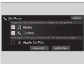 iPhone Ausgewählte Funktionen werden von anderen Geräter getrendt Audio Telefon Wird Apple CarPlay aktiv., werden Audio- und Telefonsakt, deaktiv. Apple CarPlay Anwenden Abbrecien