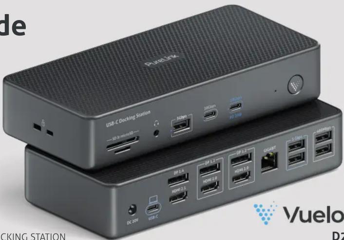 de PureLink USB-C Docking Station —50.8 mm/100— DC 24V USB-C 3Gbps 16Gbps 10Gbps HD 24W DP 1.4 HDMI 2.0 DP 1.2 HDMI 3.0 GSDMT 5 Gbps 6 startup Vuelo D2 CKING STATION
