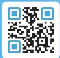 QR code image with blue border and white square buttons, likely for digital scanning or linking