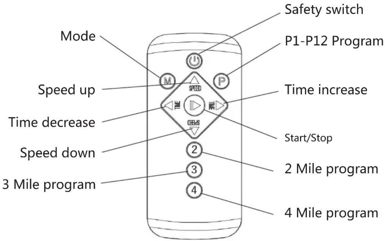 Safety switch P1-P12 Program Time increase Start/Stop 2 Mile program 4 Mile program 3 Mile program Speed down Time decrease Speed up Mode