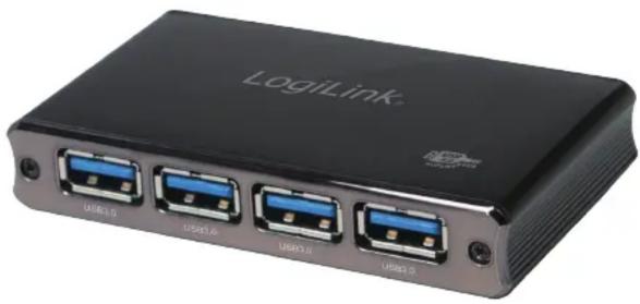 Black LogLink device with four USB ports and a logo, no visible text or symbols on the device body.