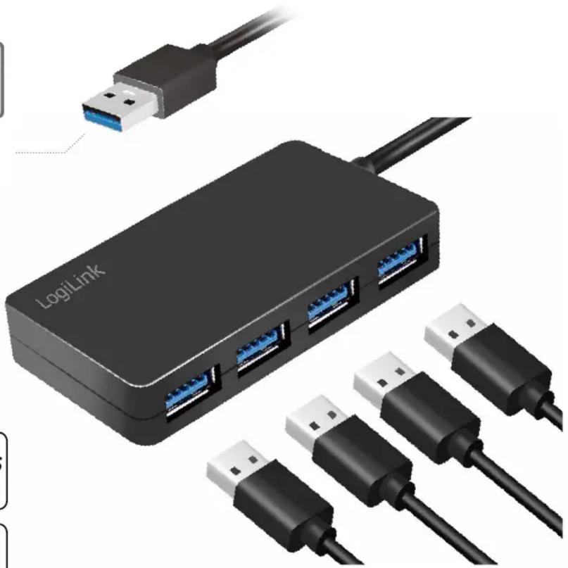 LogiLink device with multiple USB connectors and a separate USB cable (no text or symbols visible on components)