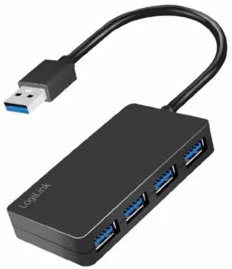 Black LogitLink network interface device with USB cable and three Ethernet ports (no text or symbols on device body)