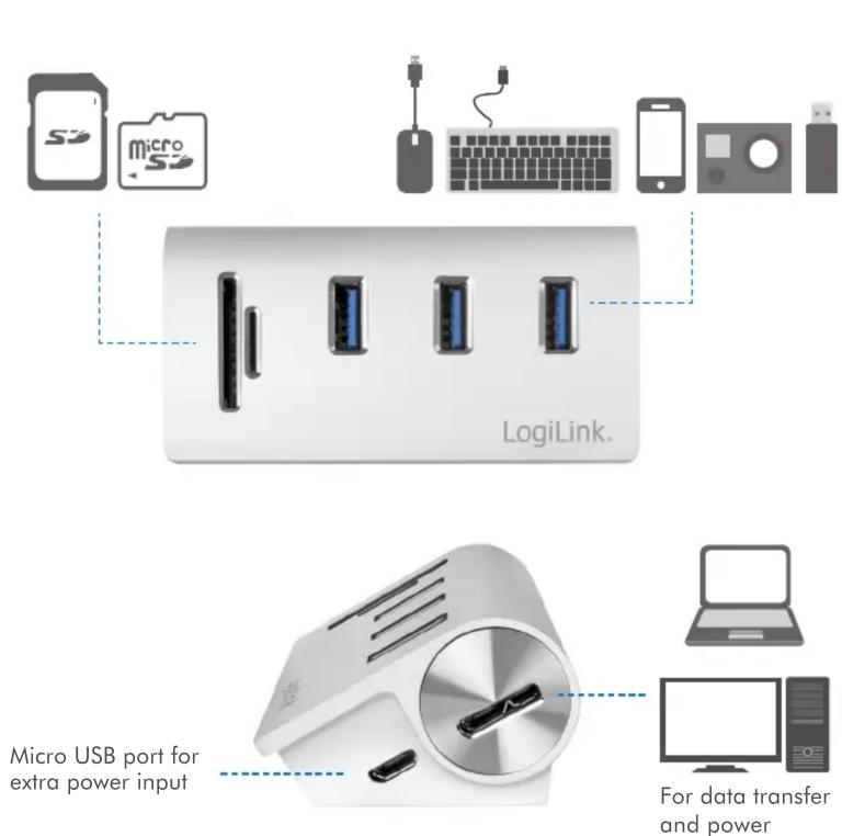 LogiLink. Micro USB port for extra power input For data transfer and power