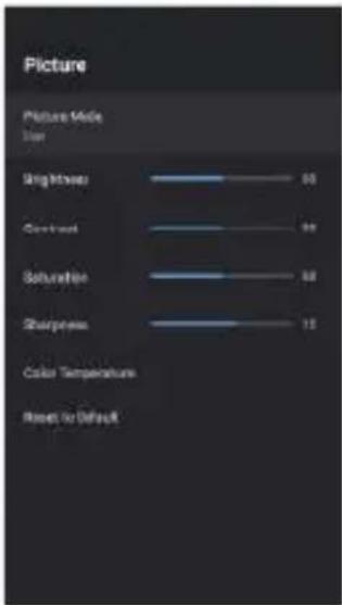 Picture Picture Mode Size Brightness 80 Contrast 90 Saturation 80 Sharpness 15 Color Temperature Reset to Default