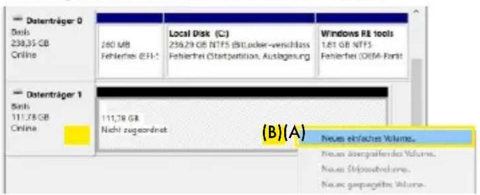 Datenträger 0 Balls 238,35 GB Online 260 MB Fehlerhei (EFI-1) Local Disk (C:) 236,29 GB NTF5 (BI)Locker-verschlass Fehlerhei (Startpertition, Auslagesung) Windows RE tools 1,61 GB NTF5- Fehlerhei (OEM-Farit) Datenträger 1 Balls 111,78 GB Online 111,78 GB Nicht zugeordnet (B)(A) Neues einliches Volume. Neues ünngesfähende Volume. Neues StripposeVolume. Neues gespegelite Volume.