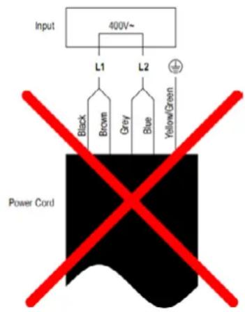 Input 400V~ L1 L2 Black Brown Grey Blue Yellow/Green Power Cord