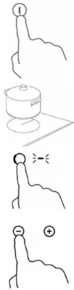 Diagram illustrating four steps of cooking or heating: pointing, boiling pot, blowing a circle, and touching a surface with polarity indicators.