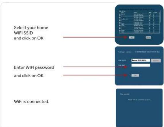 Select your home WIFI SSID and click on OK Enter WIFI password and click on OK WiFi is connected.