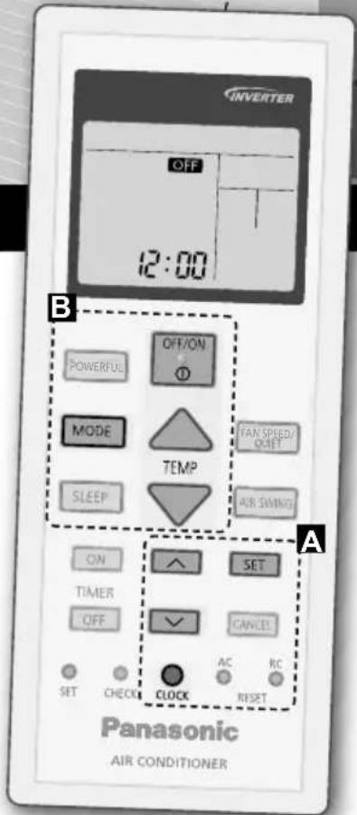 INVERTER OFF 12:00 B POWERFUL MODE SLEEP ON TIMER OFF SET CHECK CLOCK RESET OFF/ON TEMP FAN SPEED/ OSET AIR SWING SET CANCEL AC RC A Panasonic AIR CONDITIONER