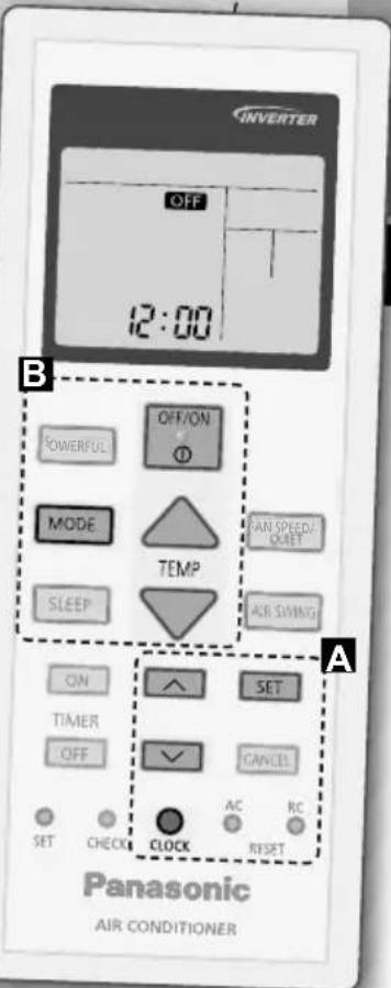 INVERTER OFF 12:00 B POWERFUL MODE SLEEP ON TIMER OFF SET CLOCK OFF/ON ① TEMP AN SPEED/ OJET AIR SWING SET CANCEL AC RC RESET Panasonic AIR CONDITIONER
