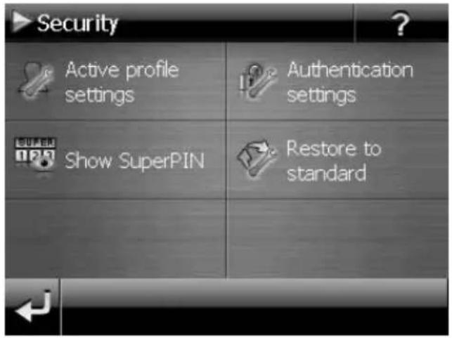 Security Active profile settings Authentication settings Show SuperPIN Restore to standard