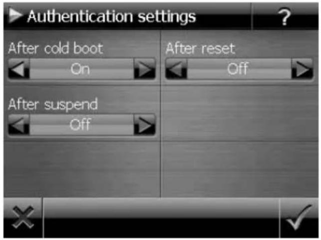 Authentication settings After cold boot On After suspend Off After reset Off