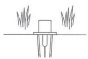 Simple line drawing of a simple electronic component with three legs and two side legs, emitting sound waves (no text or symbols)