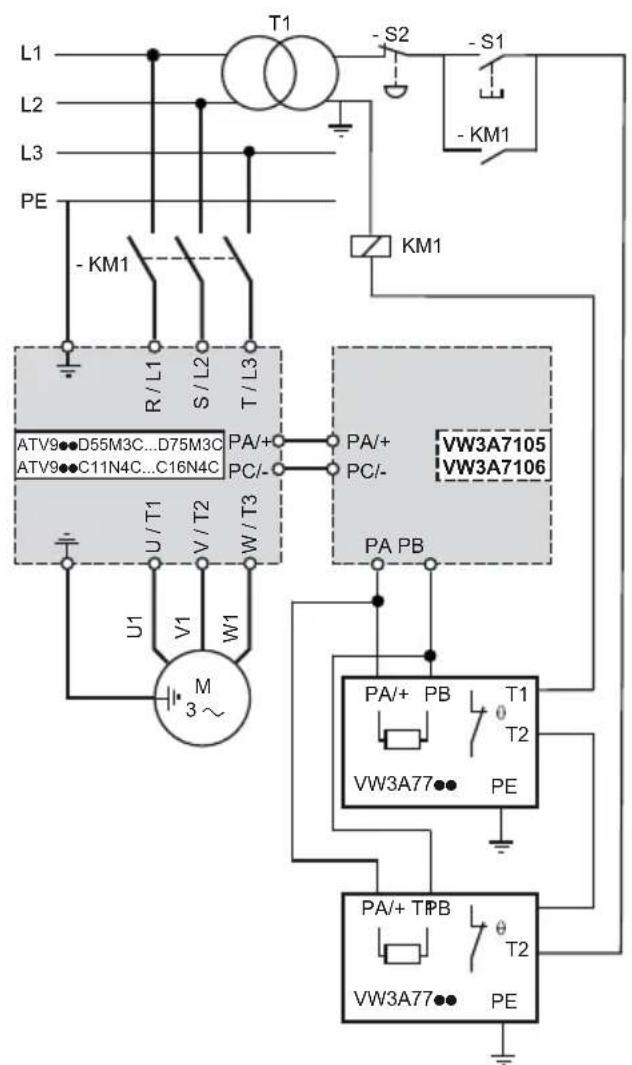 L1 L2 L3 PE -T1 -S2 -S1 -KM1 -KM1 -R/L1 S/L2 T/L3 ATV9●D55M3C...D75M3C ATV9●C11N4C...C16N4C PA/+ PC/- W/T3 U/T1 V/T2 W/T3 U1 V1 W1 M 3~ VW3A7105 VW3A7106 PA/+ PC/- PA PB PA/+ PB T1 T2 VW3A77● PE PA/+ TIPB T2 VW3A77● PE