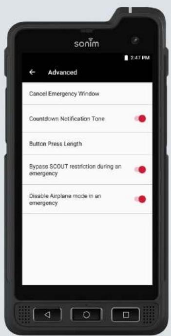 Sonim Advanced Cancel Emergency Window Countdown Notification Tone Button Press Length Bypass SCOUT restriction during an emergency Disable Airplane mode in an emergency