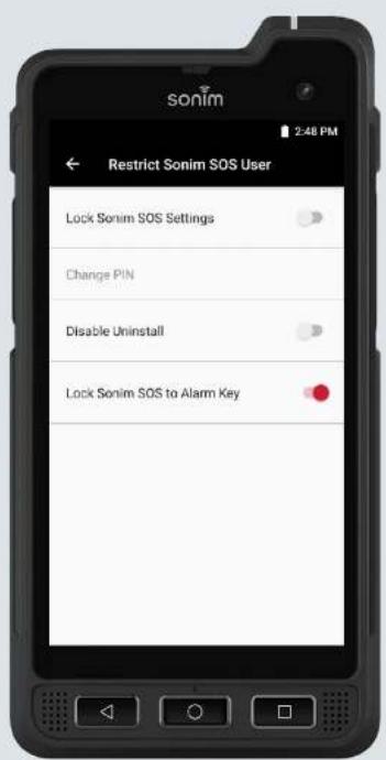 Restrict Sonim SOS User, Lock Sonim SOS Settings, Change PIN, Disable Uninstall, Lock Sonim SOS to Alarm Key