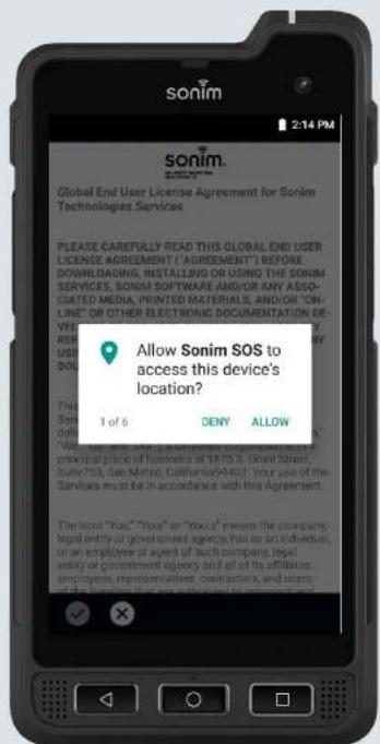 Sonim Global End User License Agreement screen with location permission dialog overlay: "Allow Sonim SOS to access this device's location?" with DENY and ALLOW buttons.