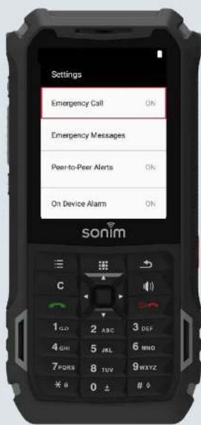 Settings Emergency Call ON Emergency Messages Peer-to-Peer Alerts ON On Device Alarm ON sonim C 1 CLY 2 ABC 3 DEF 4 GHI 5 IRL 6 MNO 7 PDRS 8 TUV 9WXYZ * # 0 ± # ◊