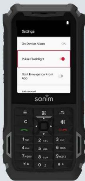 Settings On Device Alarm ON Pulse Flashlight Start Emergency From App Advanced Sonim C 1 CLO 2 ABC 3 DEF 4 GHI 5 JHL 6 MNO 7 PDRS 8 TUV 9 WXY * 0 ± # 0