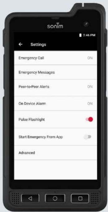 Sonim Settings Emergency Call ON Emergency Messages Peer-to-Peer Alerts ON On Device Alarm ON Pulse Flashlight Start Emergency From App Advanced